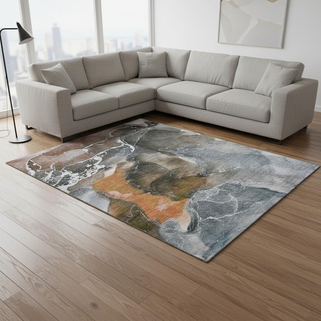 646692 10 x 14 ft. Orange & Charcoal Abstract Washable Machine Made Rectangle Area Rug with UV Protection