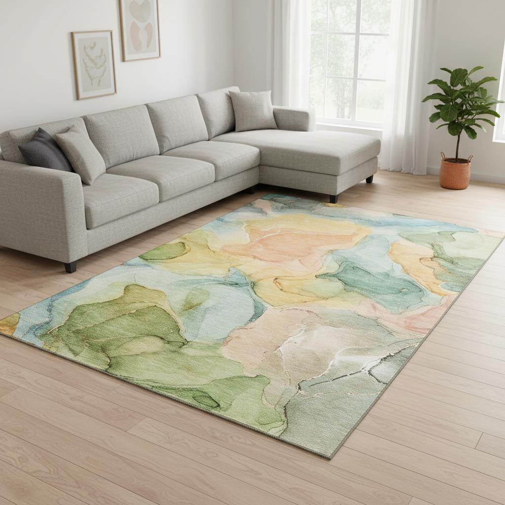 646702 8 x 10 ft. Blue, Green & Orange Abstract Washable Machine Made Rectangle Area Rug with UV Protection