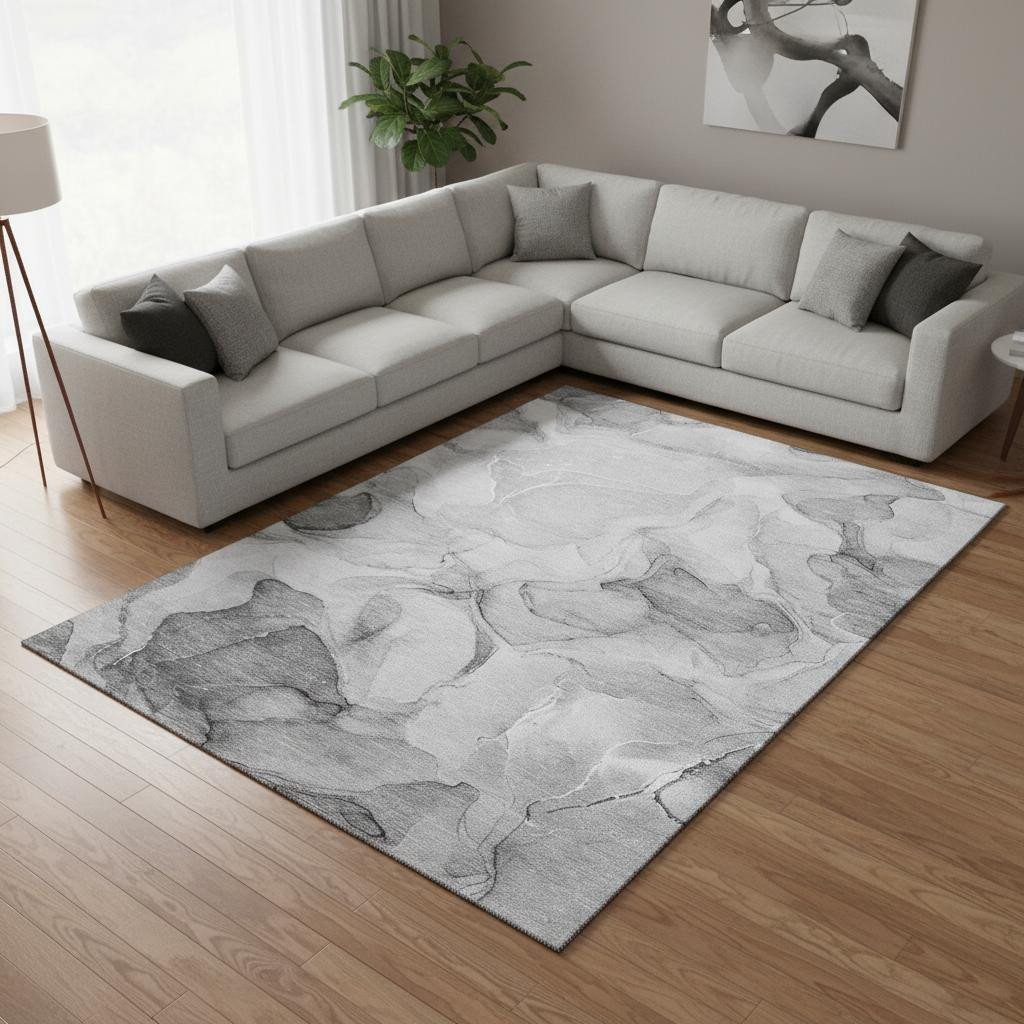 646716 10 x 14 ft. Gray & Ivory Abstract Transitional Washable Machine Made Rectangle Area Rug with UV Protection