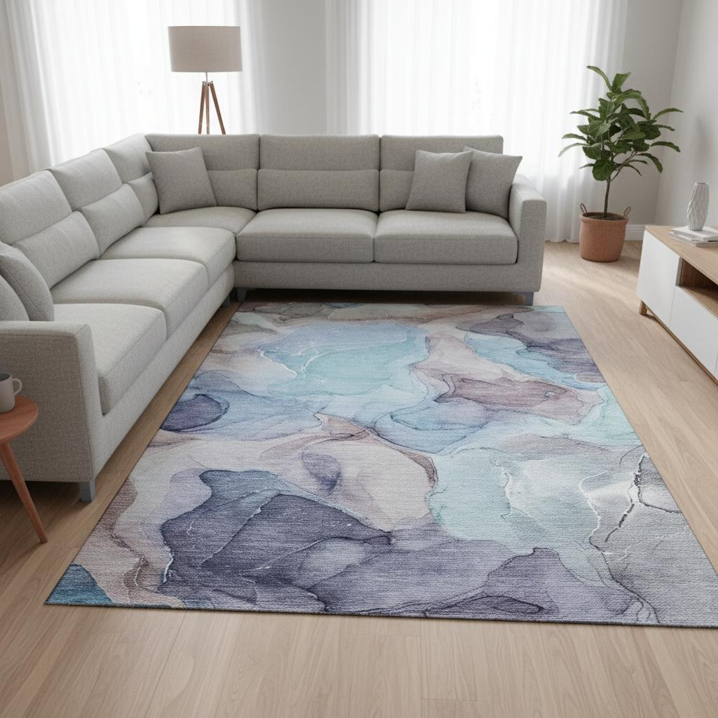 646728 10 x 14 ft. Navy Blue Purple & Gray Abstract Washable Machine Made Rectangle Area Rug with UV Protection