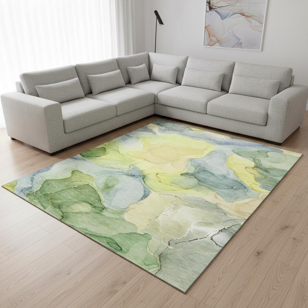 646752 10 x 14 ft. Yellow Blue & Beige Abstract Washable Machine Made Rectangle Area Rug with UV Protection