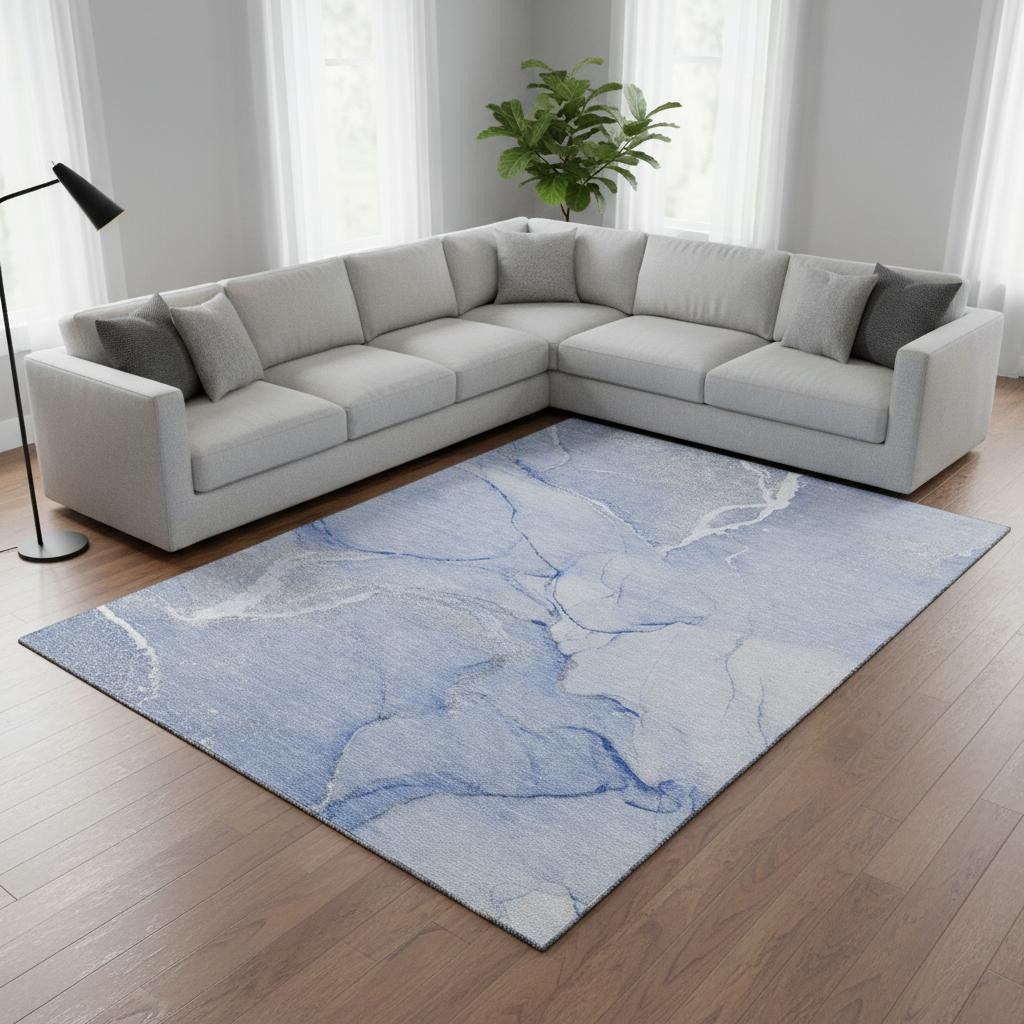 646958 8 x 10 ft. Blue & Ivory Abstract Transitional Washable Machine Made Rectangle Area Rug with UV Protection