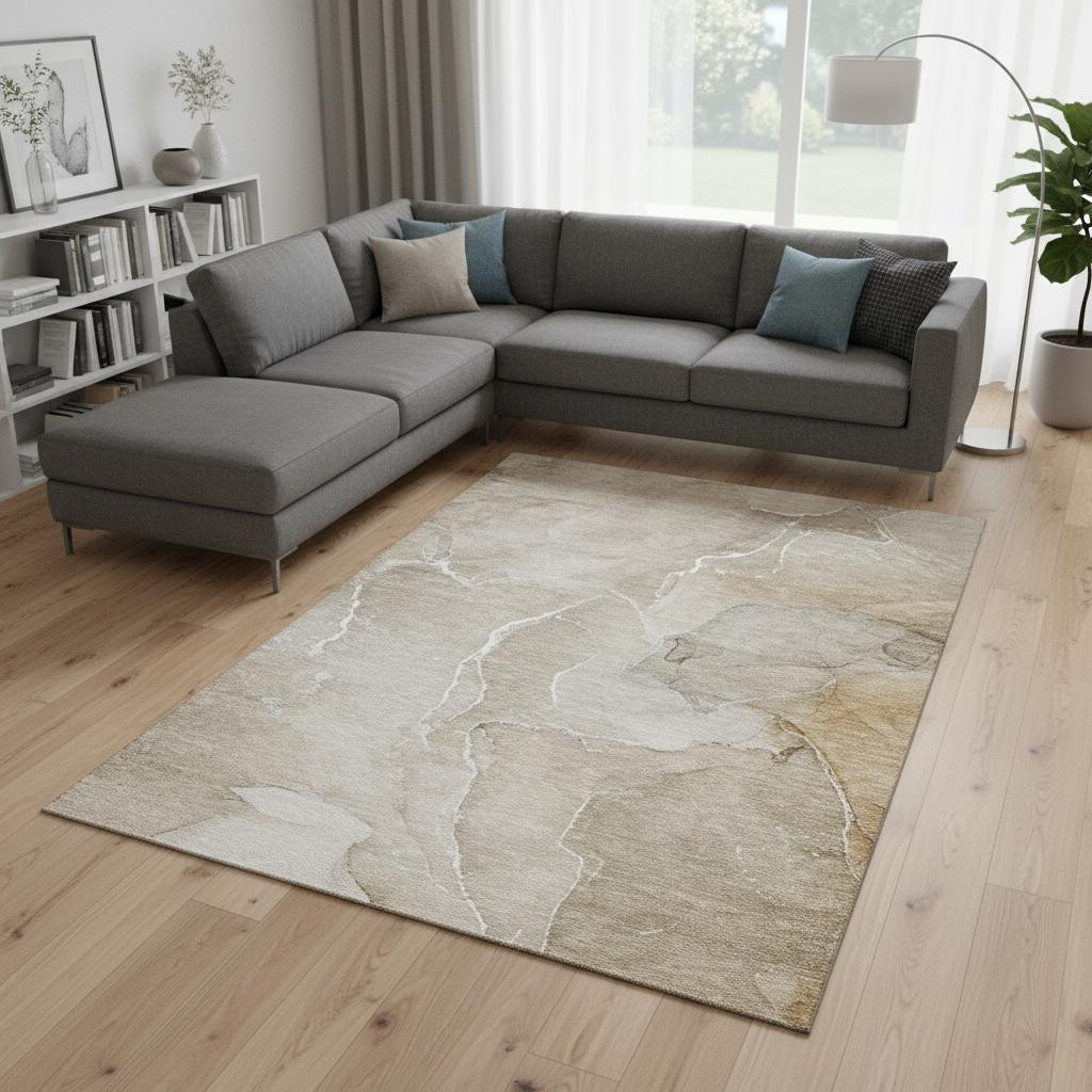 646978 10 x 14 ft. Beige & Ivory Abstract Transitional Washable Machine Made Rectangle Area Rug with UV Protection