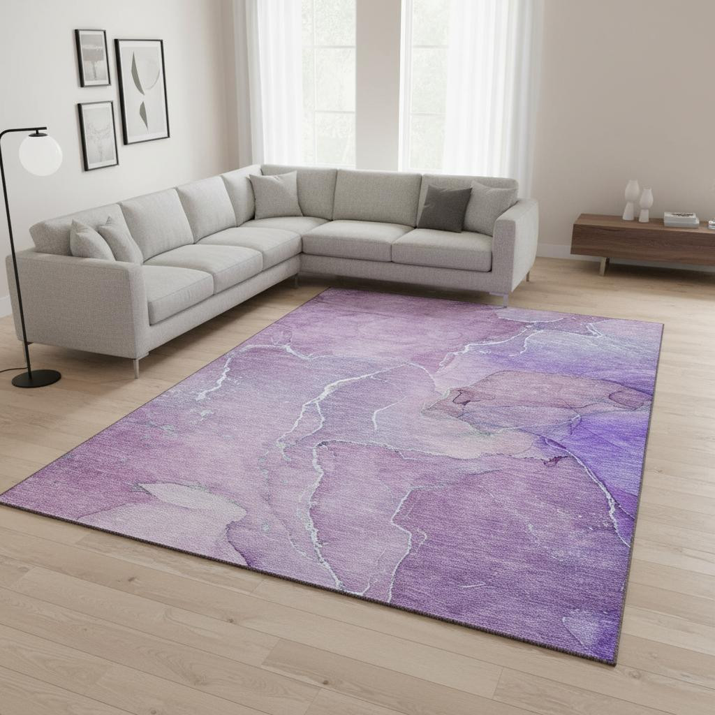 646990 10 x 14 ft. Purple & Ivory Abstract Transitional Washable Machine Made Rectangle Area Rug with UV Protection