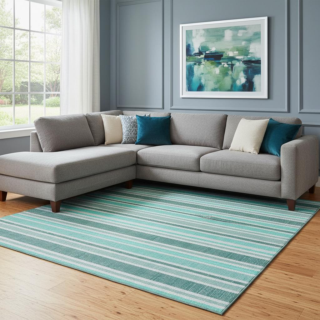 647890 10 x 14 ft. Turquoise & Ivory Striped Transitional Washable Machine Made Rectangle Area Rug with UV Protection