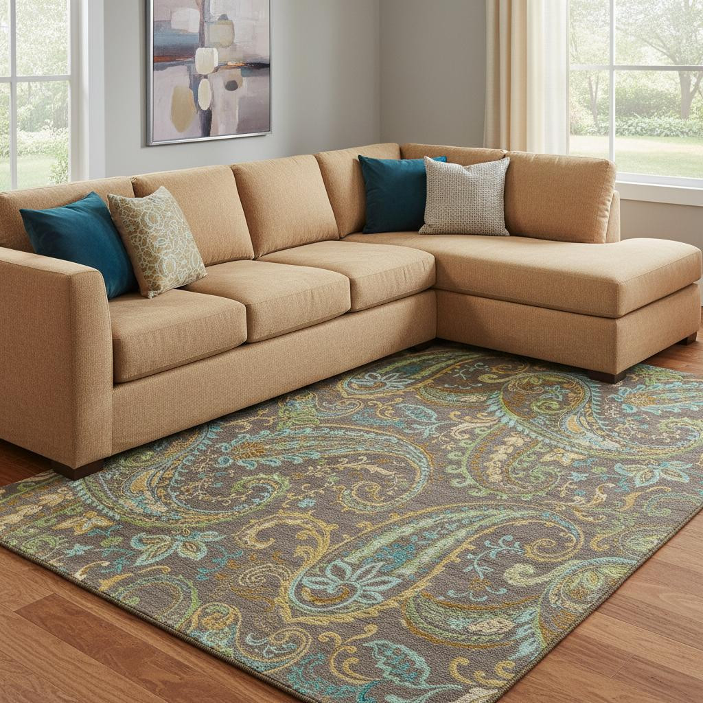 647962 10 x 14 ft. Chocolate, Blue & Green Paisley Washable Machine Made Rectangle Area Rug with UV Protection