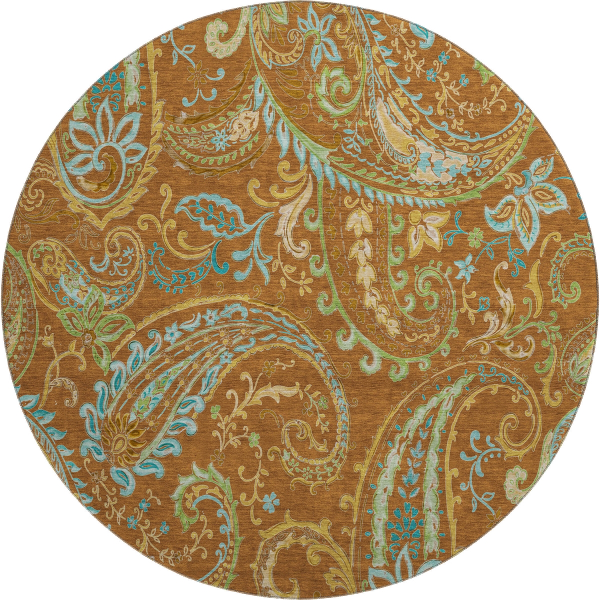 647989 8 ft. Rust Blue & Green Paisley Washable Round Area Rug with UV Protection