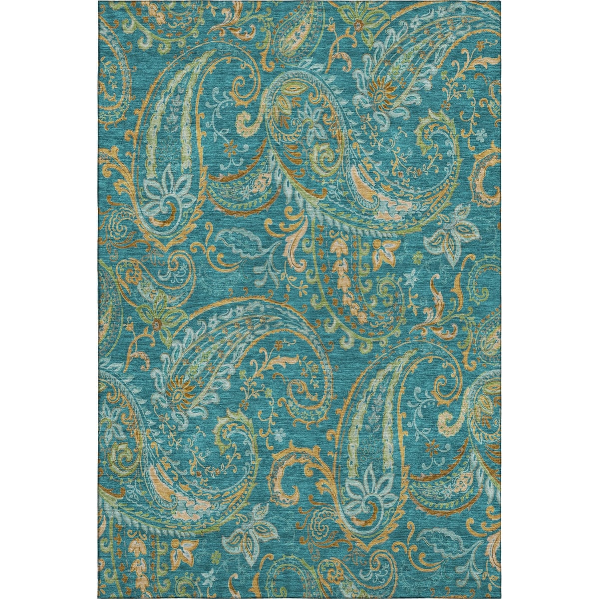 648006 5 x 8 ft. Teal, Green & Gold Paisley Washable Machine Made Rectangle Area Rug with UV Protection
