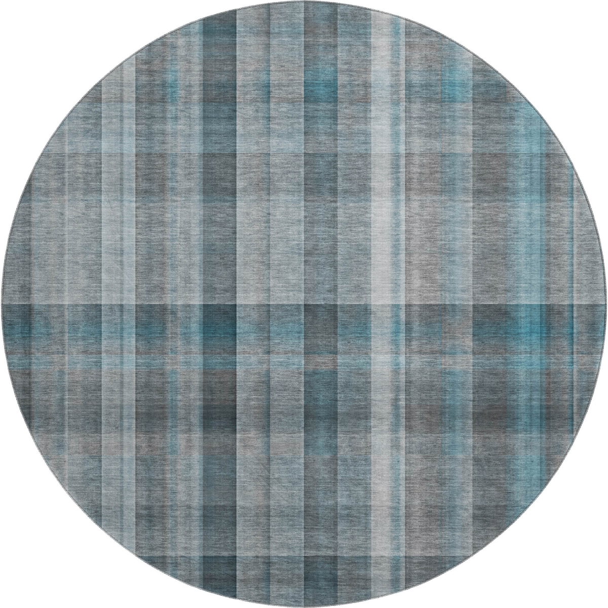 648031 8 ft. Teal & Ivory Plaid Transitional Washable Round Area Rug with UV Protection