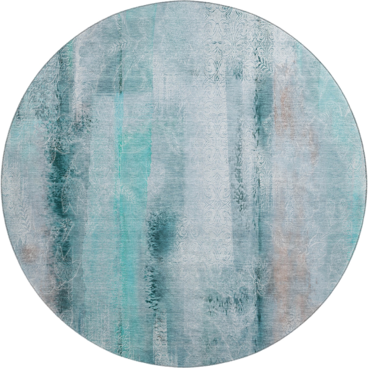 648145 8 ft. Teal & Ivory Abstract Transitional Washable Round Area Rug with UV Protection