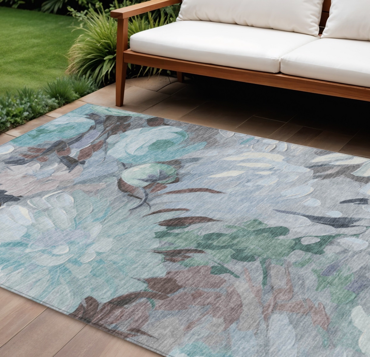 641192 9 x 12 ft. Teal Blue, Ivory & Gray Floral Washable Transitional Indoor & Outdoor Rectangle Area Rug