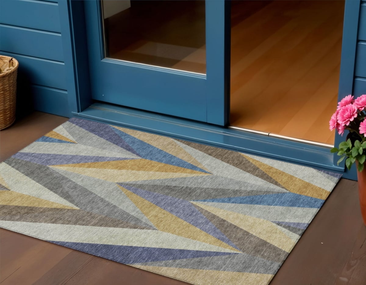 641200 3 x 5 ft. Gold Blue & Ivory Geometric Washable Transitional Indoor & Outdoor Rectangle Area Rug