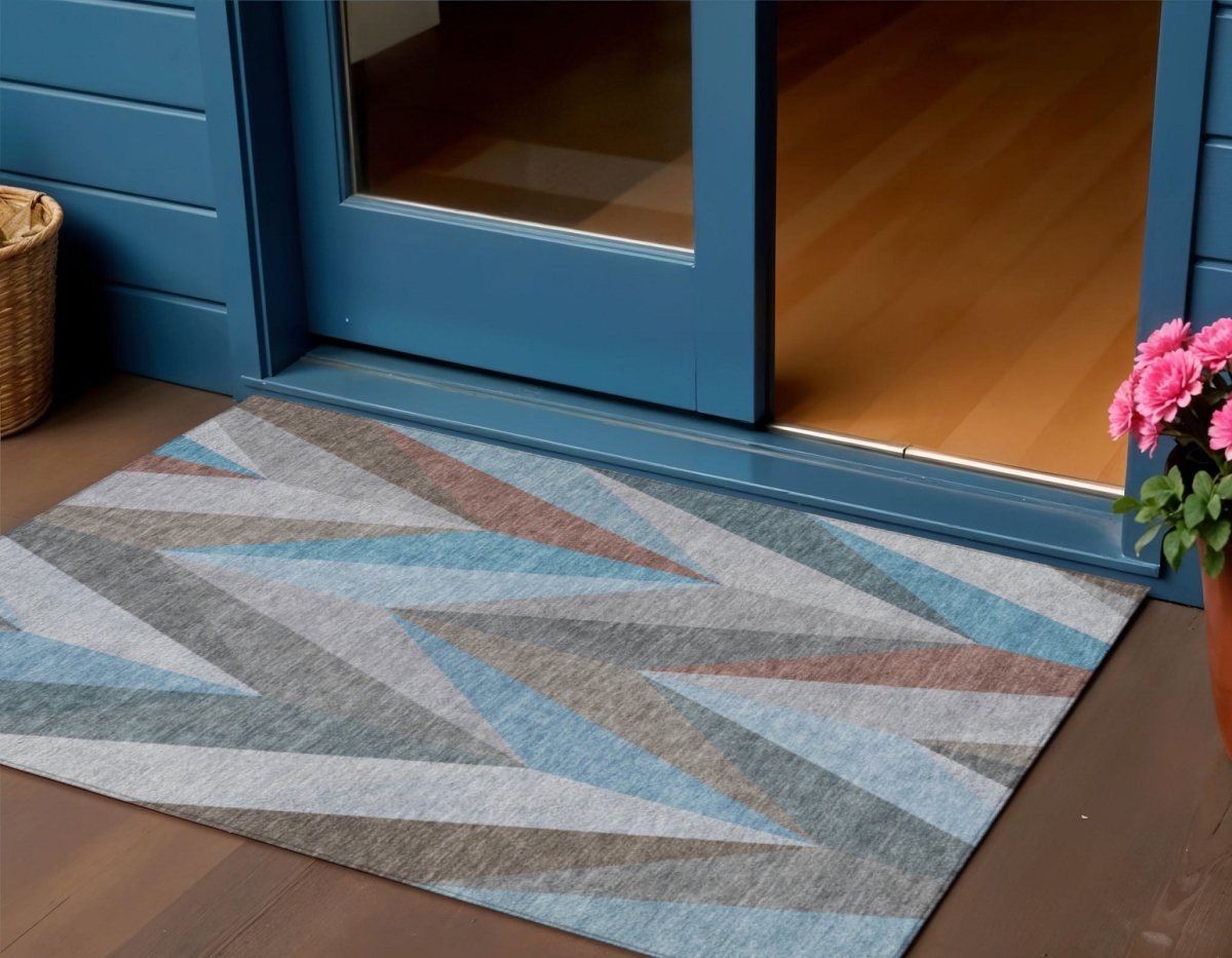 641212 3 x 5 ft. Teal Blue Copper & Gray Geometric Washable Transitional Indoor & Outdoor Rectangle Area Rug