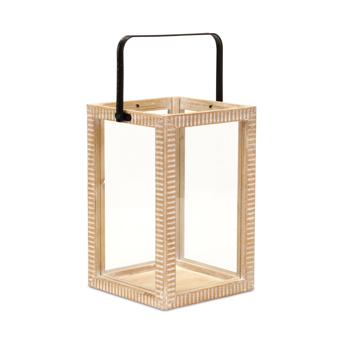 634816 16 in. Clear & Natural Glass & Solid Wood Tabletop Lantern Candle Holder