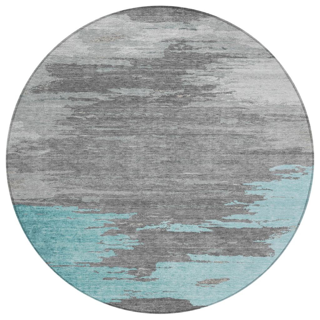 628952 8 ft. Teal, Blue & Gray Abstract Washable Transitional Indoor & Outdoor Round Area Rug