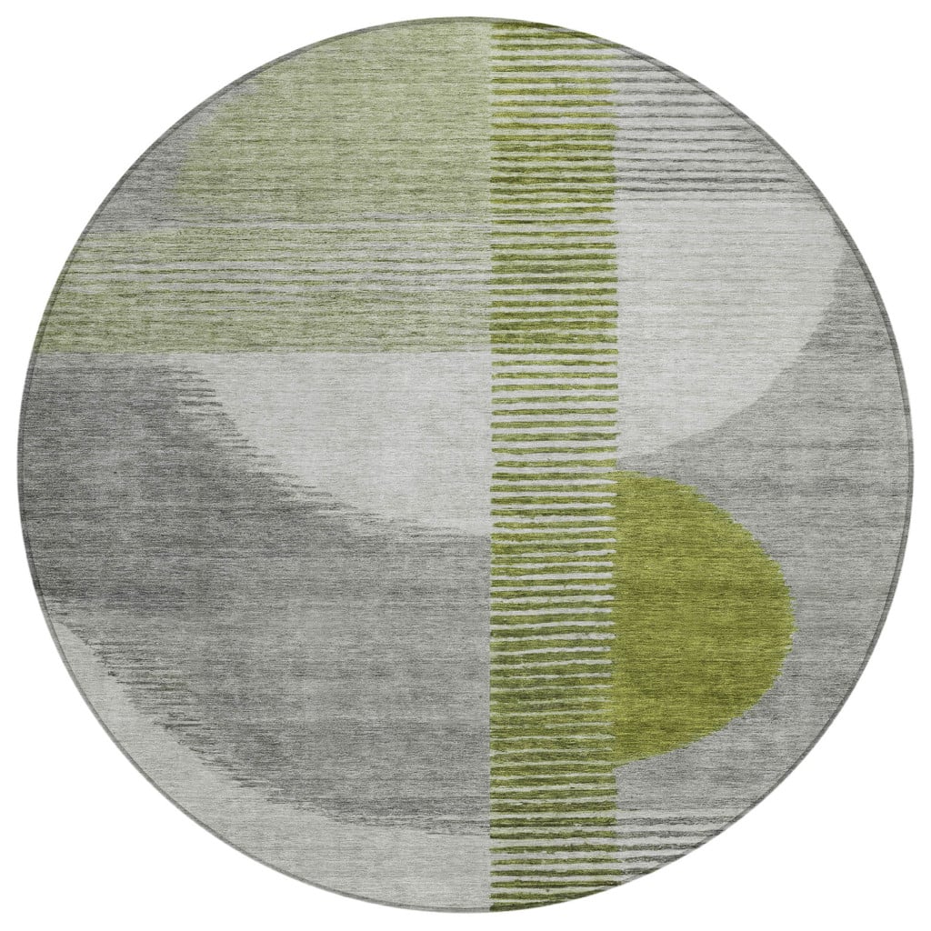 628652 8 ft. Olive Green & Gray Geometric Washable Transitional Indoor & Outdoor Round Area Rug