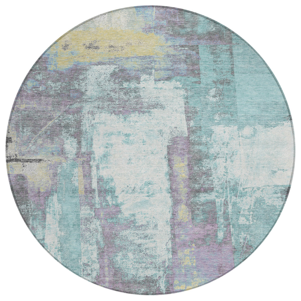 628184 8 ft. Teal, Blue & Ivory Abstract Washable Transitional Indoor & Outdoor Round Area Rug