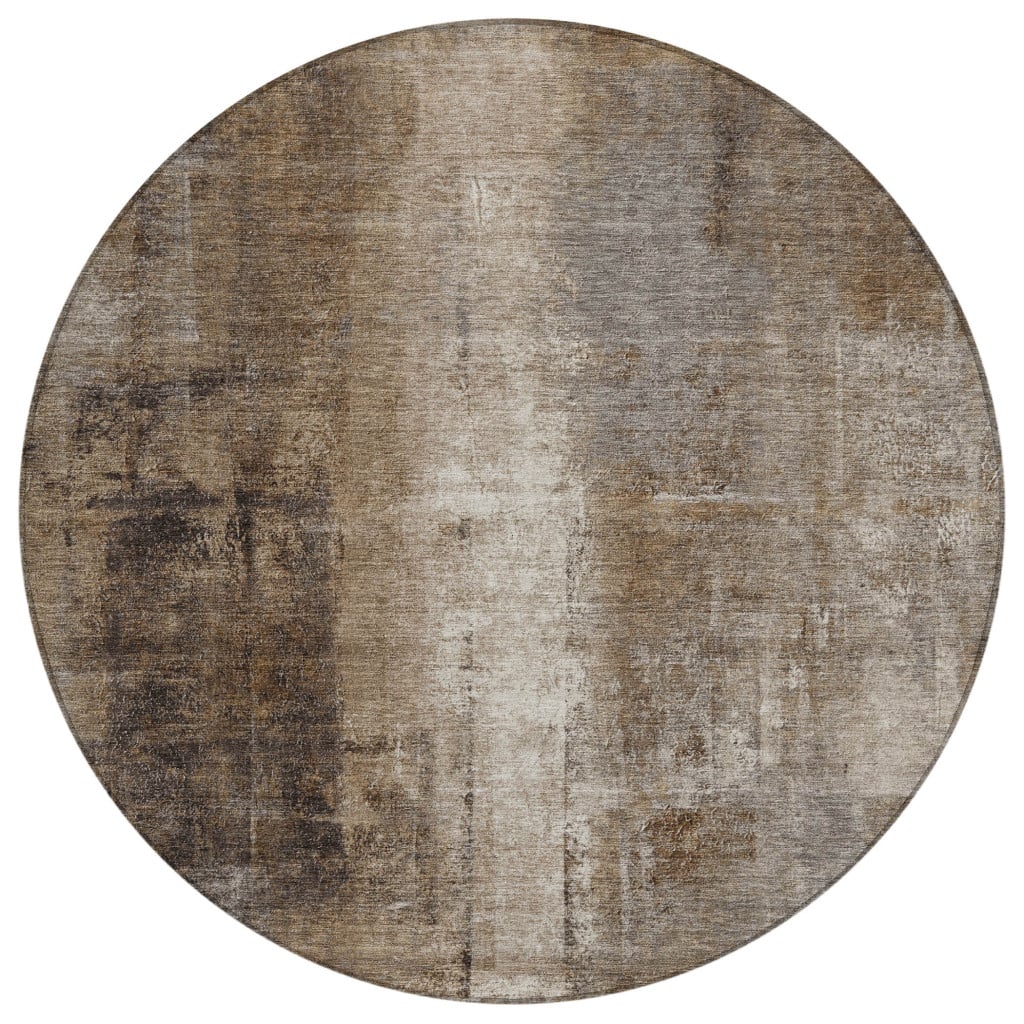 627979 8 ft. Brown & Ivory Abstract Washable Transitional Indoor & Outdoor Round Area Rug