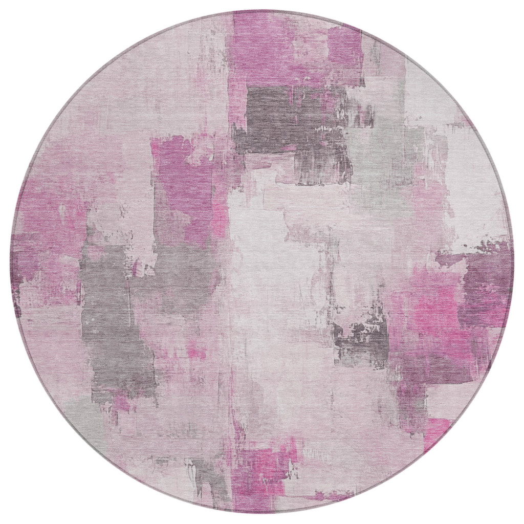 627655 8 ft. Pink & Silver Abstract Washable Transitional Indoor & Outdoor Round Area Rug