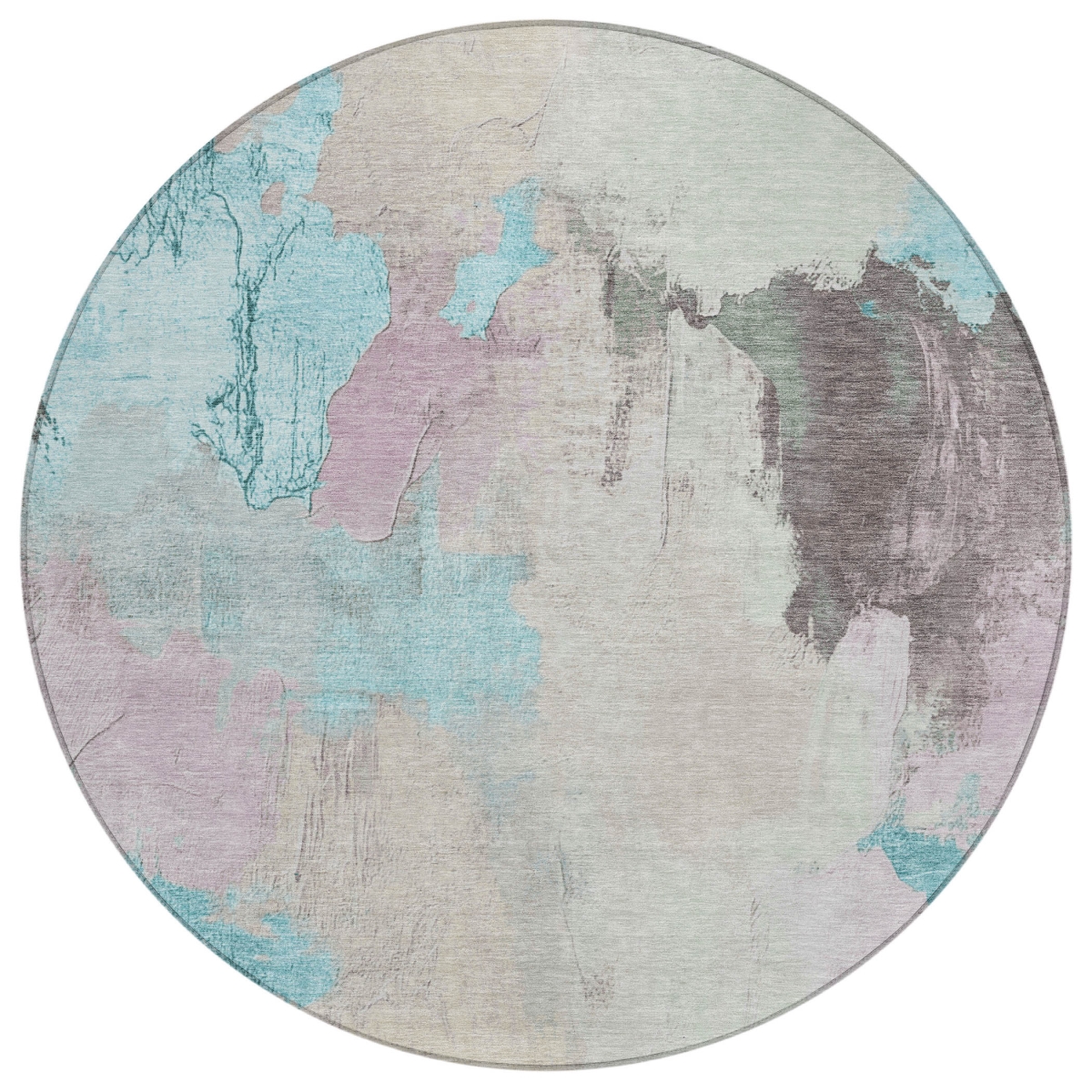 627679 8 ft. Teal, Blue & Beige Abstract Washable Transitional Indoor & Outdoor Round Area Rug