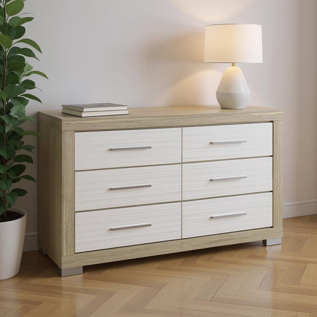 643689 38.62 x 62.83 x 19.21 in. Natural & White Wood 6 Drawers Double Dresser