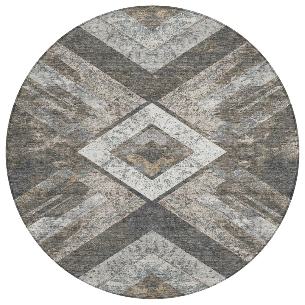 627106 8 ft. Brown & Gray Geometric Washable Transitional Indoor & Outdoor Round Area Rug
