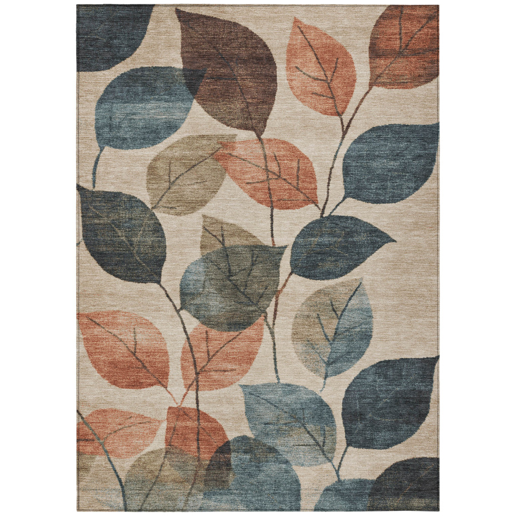 627074 3 x 5 ft. Beige Copper & Denim Blue Floral Washable Transitional Indoor & Outdoor Rectangle Area Rug