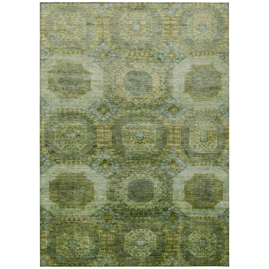 626755 10 x 14 ft. Artichoke Green & Beige Medallion Washable Transitional Indoor & Outdoor Rectangle Area Rug