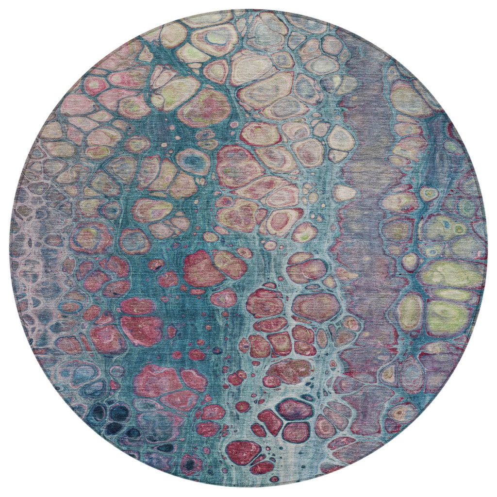 626662 8 ft. Teal, Blue & Plum Abstract Washable Transitional Indoor & Outdoor Round Area Rug