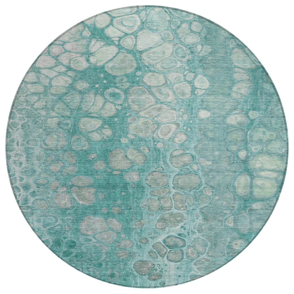 626650 8 ft. Aqua & Silver Abstract Washable Transitional Indoor & Outdoor Round Area Rug