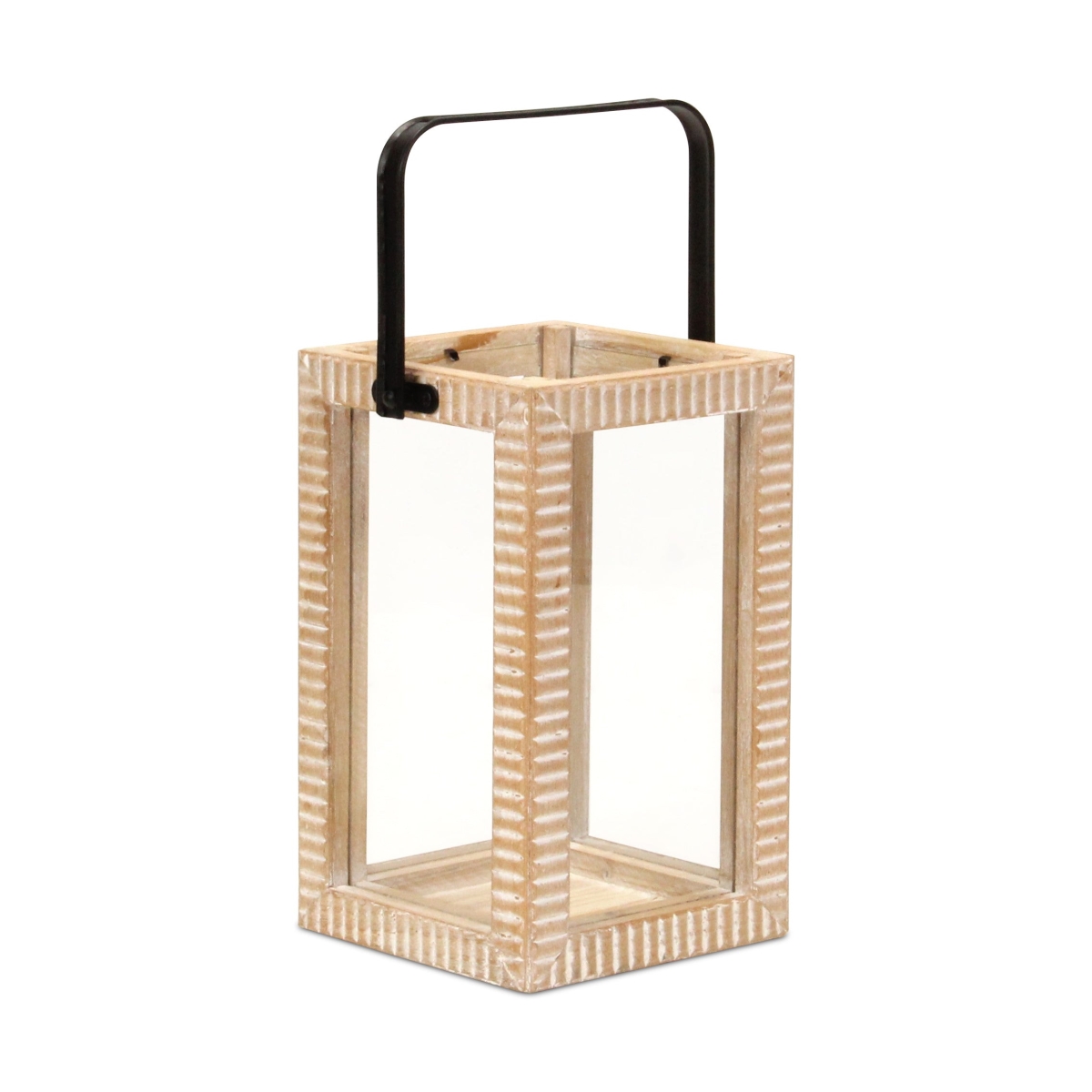 634817 13 in. Natural Distressed Geometric Solid Wood Tabletop Lantern Candle Holder