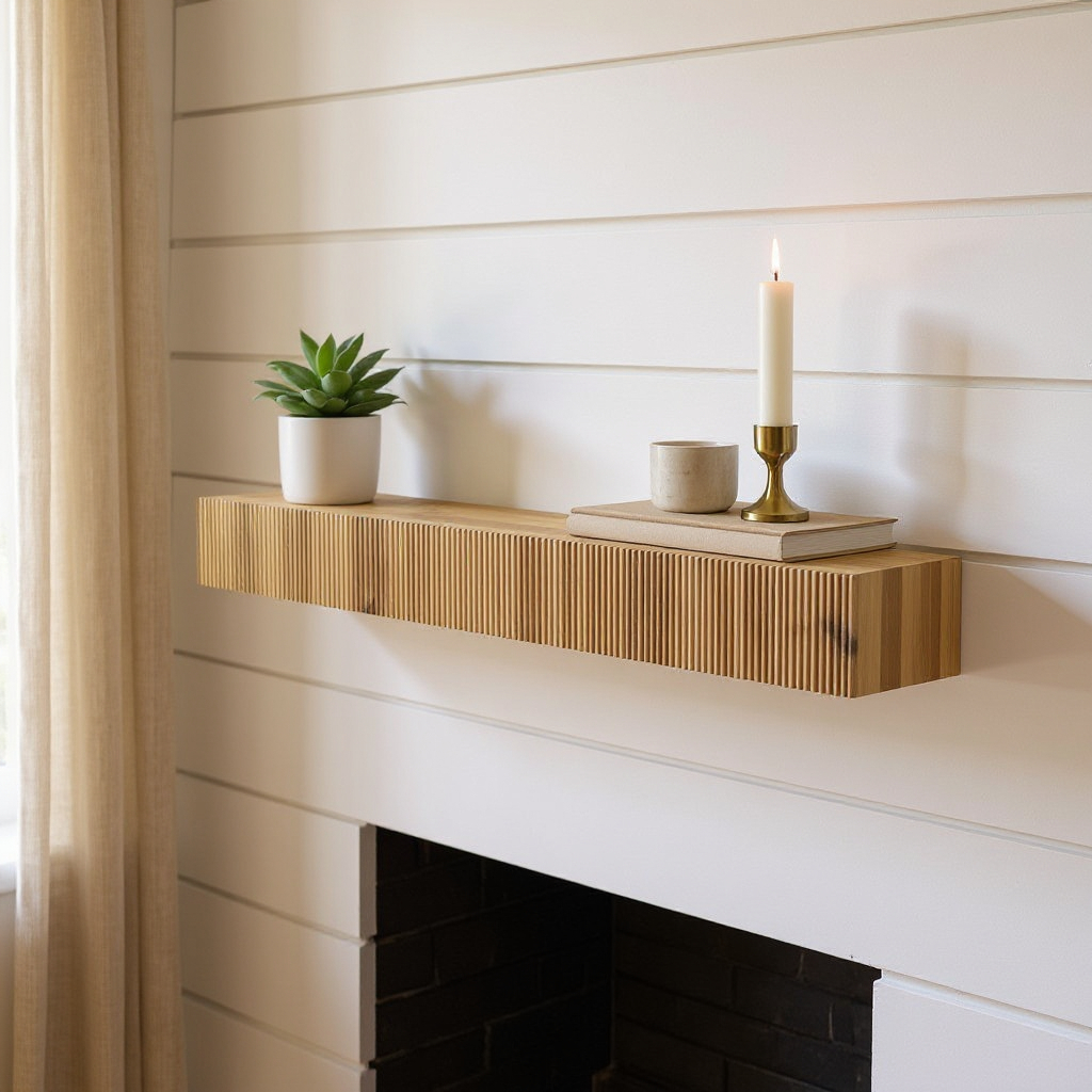 639948 59 in. Natural Ribbed Texture Solid Wood Wall Mounted Mantel Floating Shelf