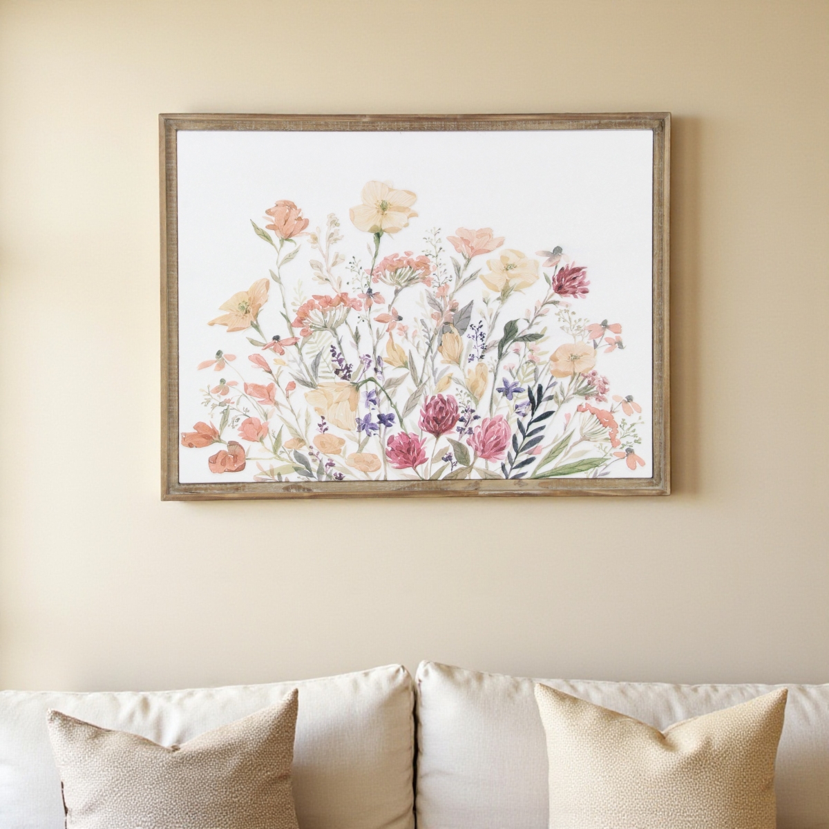 634058 24 x 32 in. Natural & White Flower Bouquet Metal & Wood Framed Art