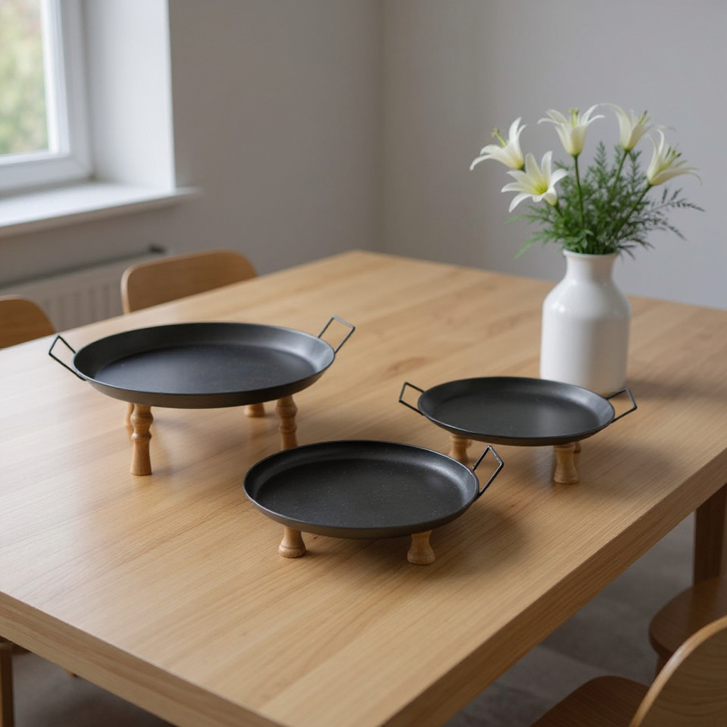 Picture of HomeRoots 636206 Black & Brown Wood & Metal Round Riser Tray with Handles - Set of 3