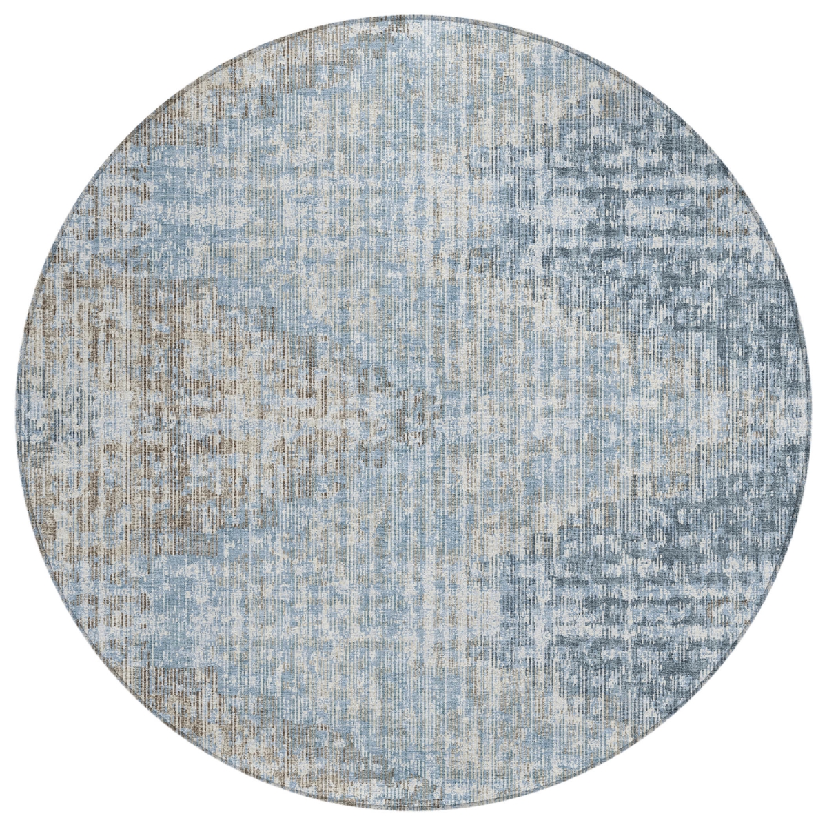 628502 8 ft. Denim Blue & Beige Geometric Washable Transitional Indoor & Outdoor Round Area Rug