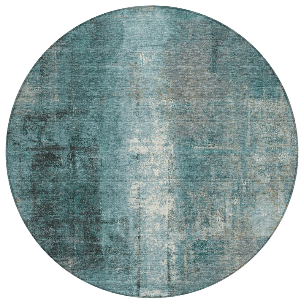 628003 8 ft. Teal, Blue & Ivory Abstract Washable Transitional Indoor & Outdoor Round Area Rug