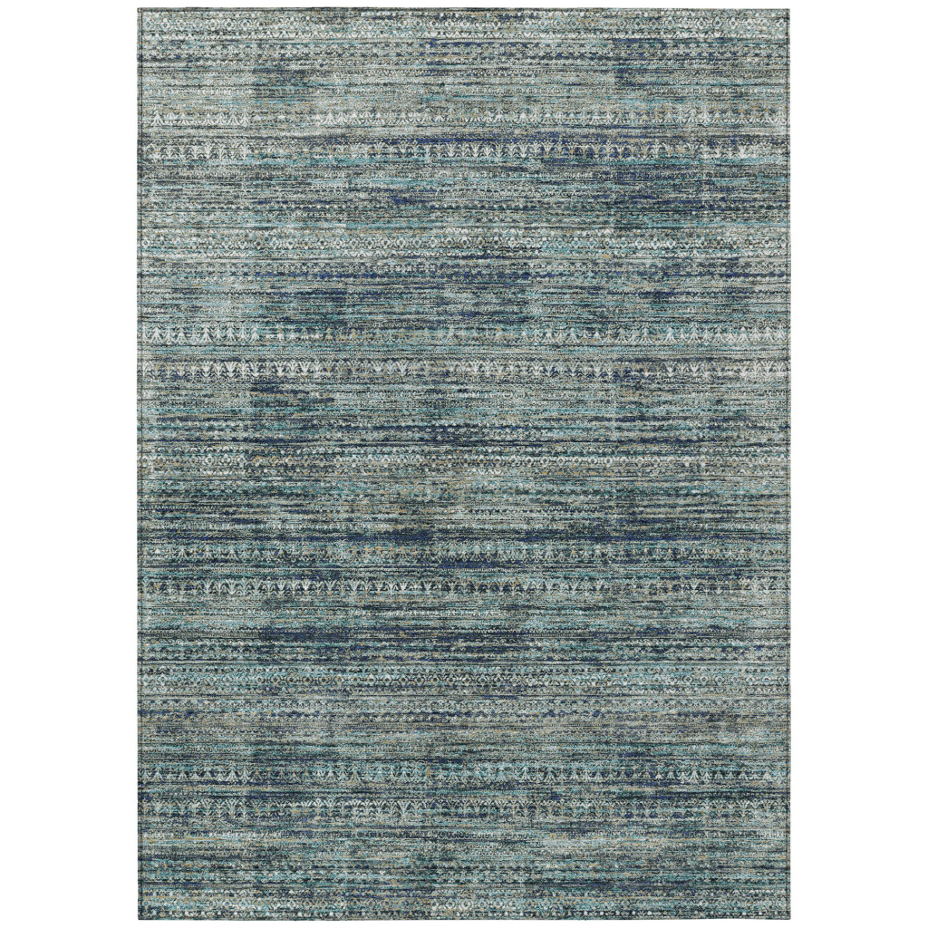 627785 3 x 5 ft. Teal, Blue & Ivory Striped Washable Transitional Indoor & Outdoor Rectangle Area Rug