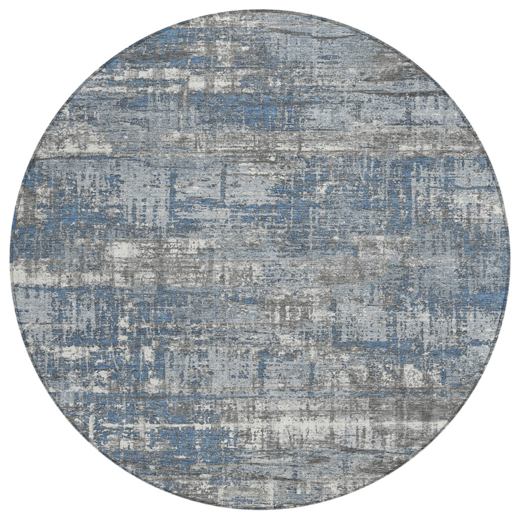 627697 8 ft. Denim Blue & Gray Geometric Washable Transitional Indoor & Outdoor Round Area Rug