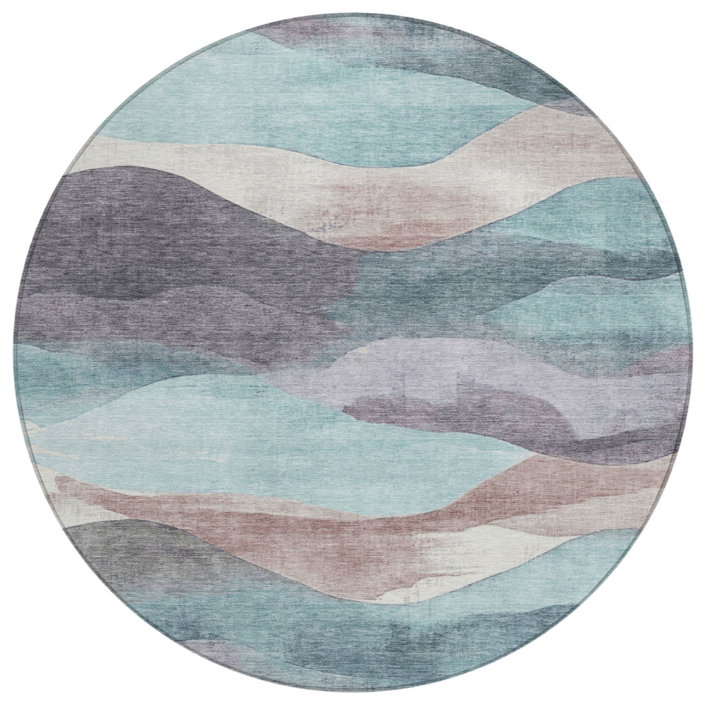 627625 8 ft. Teal, Blue & Plum Abstract Washable Transitional Indoor & Outdoor Round Area Rug