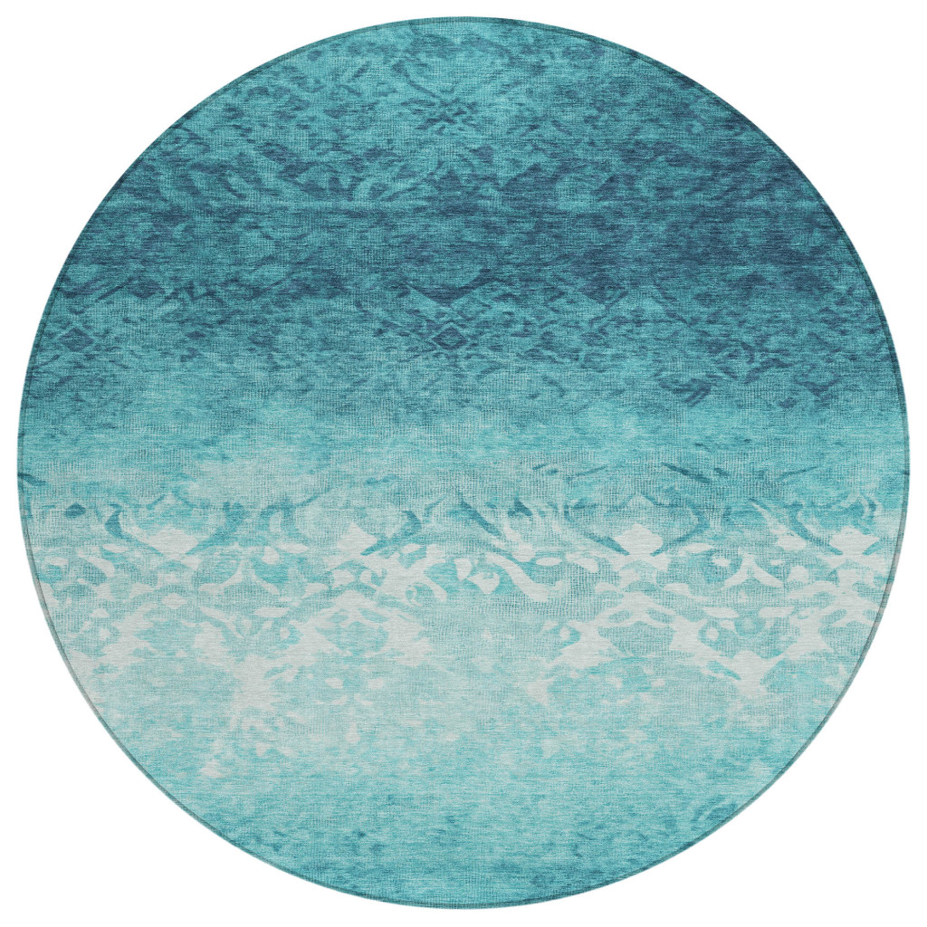627268 8 ft. Teal, Blue & Ivory Damask Washable Transitional Indoor & Outdoor Round Area Rug