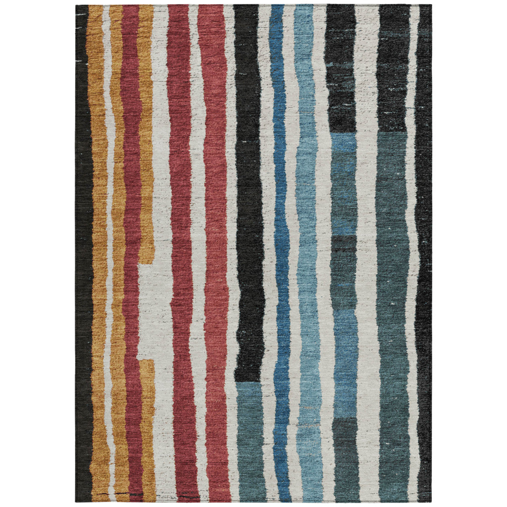 627299 8 x 10 ft. Black Denim Blue & Merlot Striped Washable Transitional Indoor & Outdoor Rectangle Area Rug