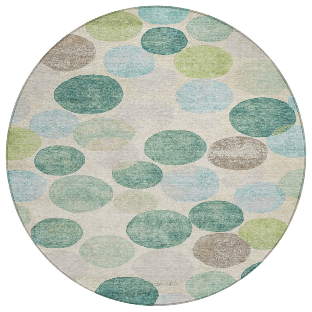 627046 8 ft. Teal Blue, Green & Ivory Geometric Washable Transitional Indoor & Outdoor Round Area Rug