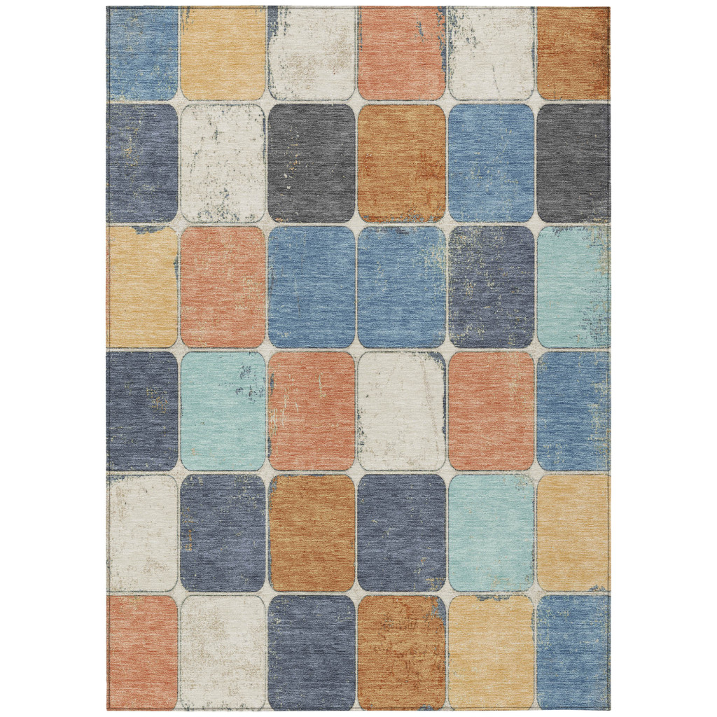 626953 10 x 14 ft. Rust & Denim Blue Geometric Washable Transitional Indoor & Outdoor Rectangle Area Rug