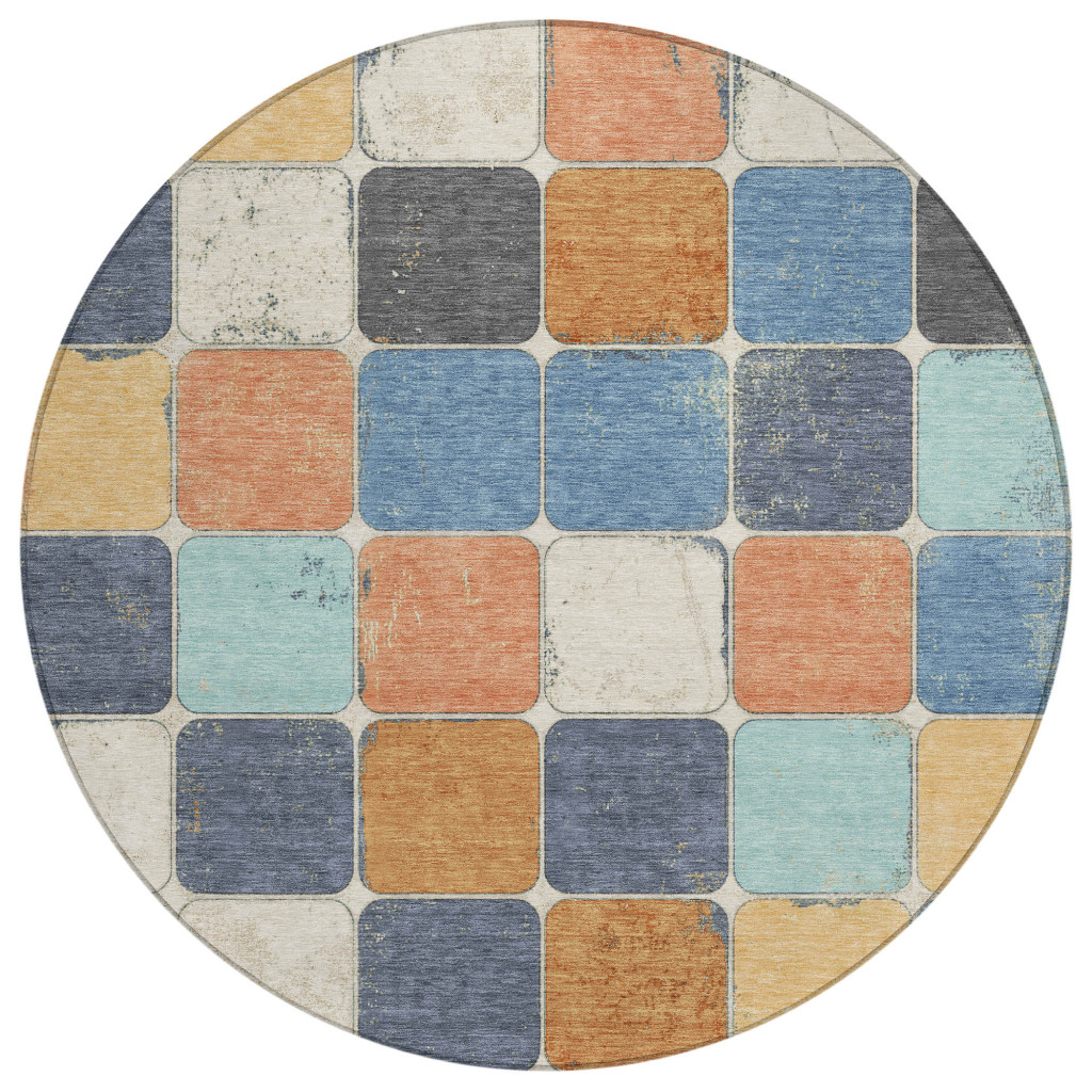 626950 8 ft. Rust & Denim Blue Geometric Washable Transitional Indoor & Outdoor Round Area Rug