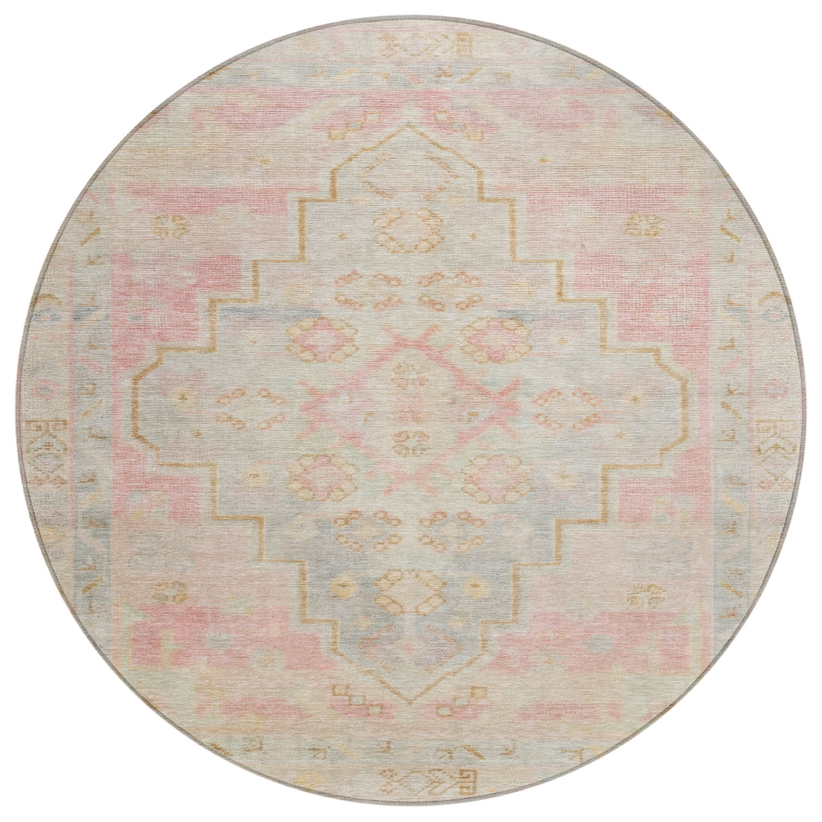 625866 8 ft. Pink & Ivory Medallion Washable Transitional Indoor & Outdoor Round Area Rug