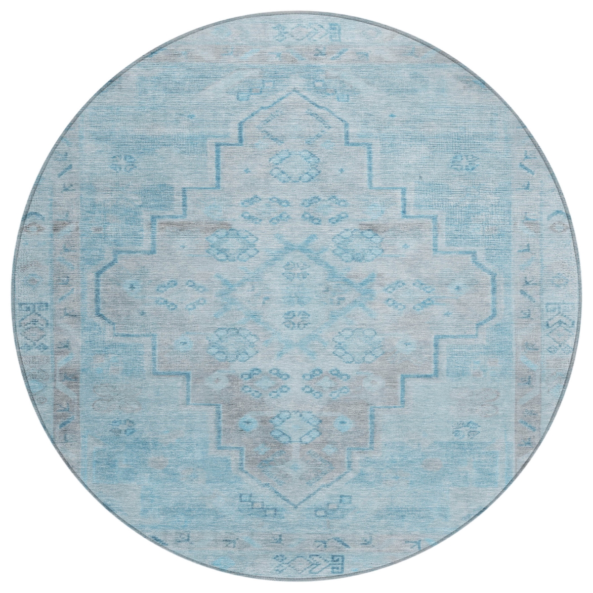 625872 8 ft. Sky Blue & Gray Medallion Washable Transitional Indoor & Outdoor Round Area Rug