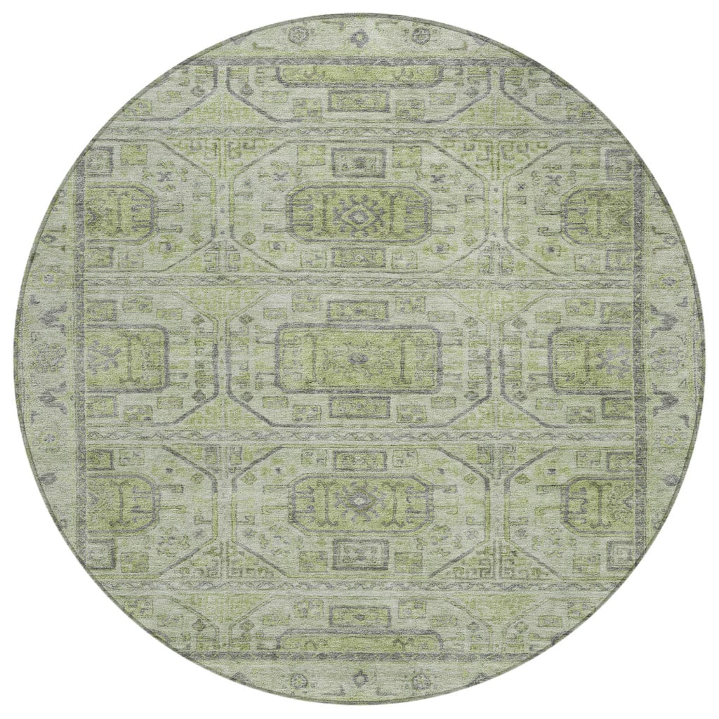 625878 8 ft. Artichoke Green & Gray Geometric Washable Transitional Indoor & Outdoor Round Area Rug