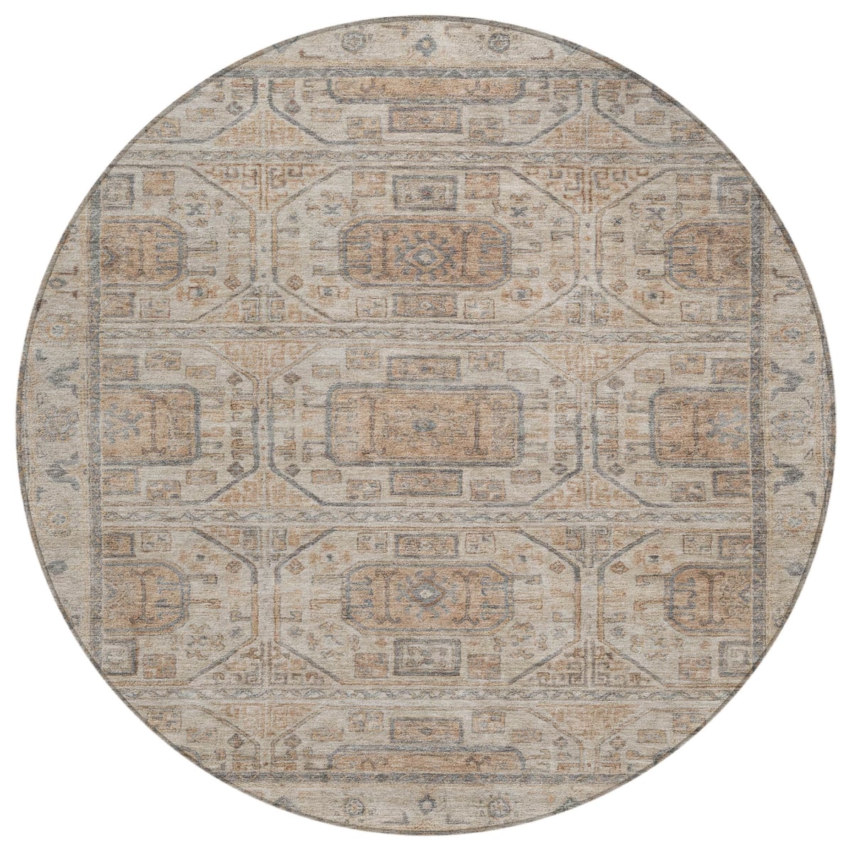 625884 8 ft. Beige & Brown Geometric Washable Transitional Indoor & Outdoor Round Area Rug