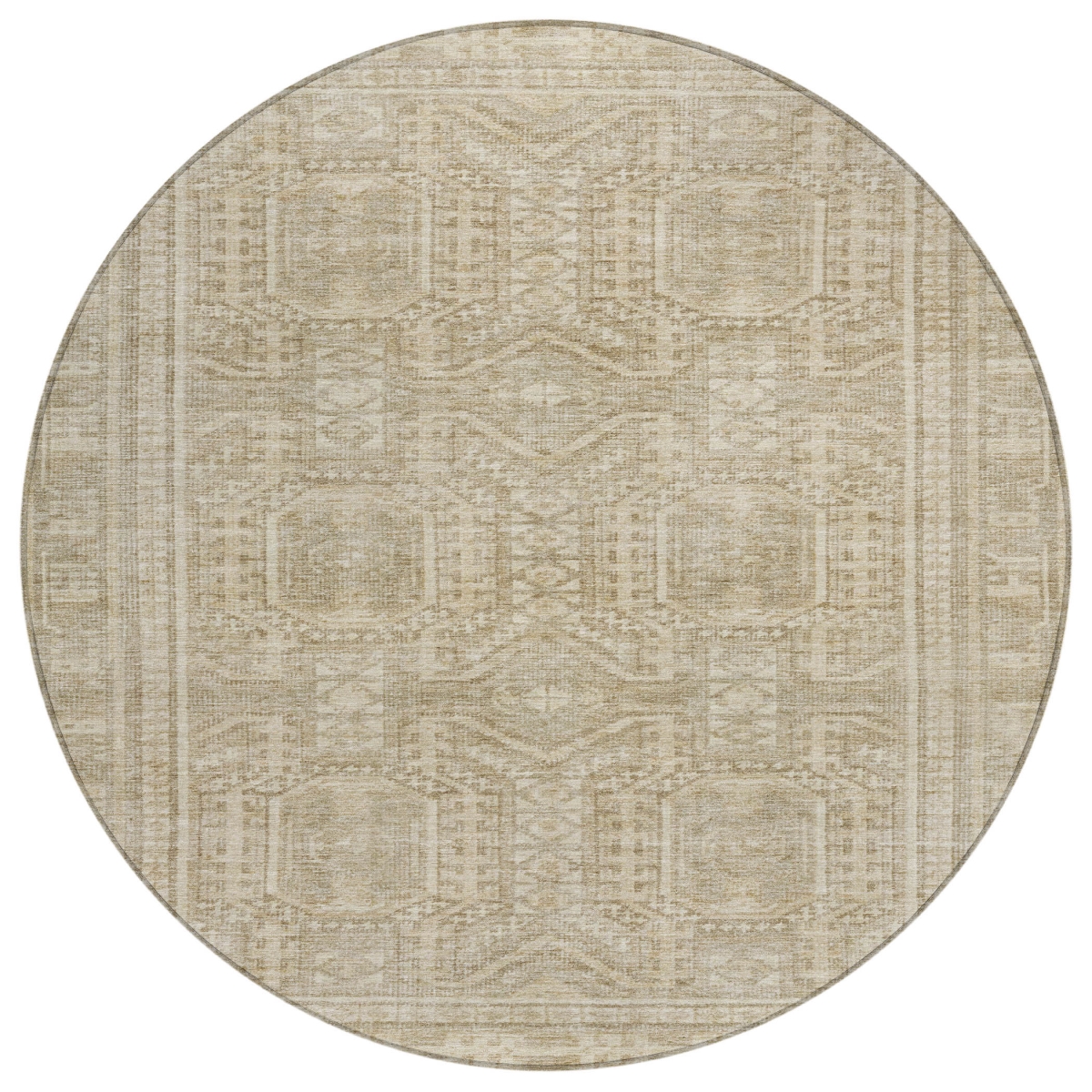 625896 8 ft. Beige & Ivory Geometric Washable Transitional Indoor & Outdoor Round Area Rug