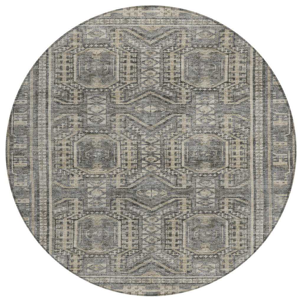 625926 8 ft. Pewter & Beige Geometric Washable Transitional Indoor & Outdoor Round Area Rug